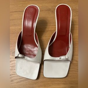 By far white kitten open toe heels